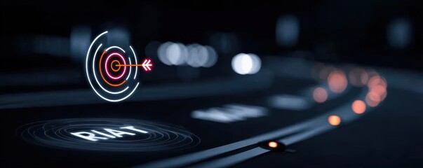 Target shining on virtual roadmap interface conveying goal achievement strategic milestones and digital transformation success path