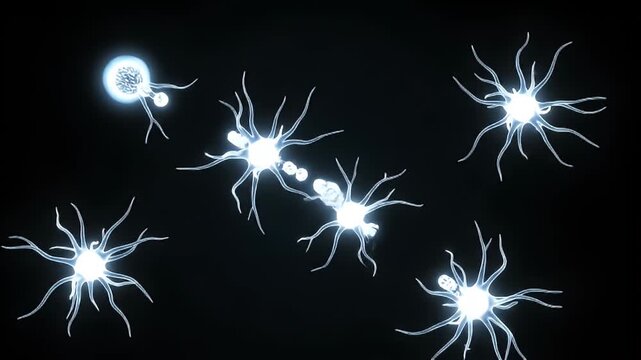 Abstract glowing microscopic cells against a dark background