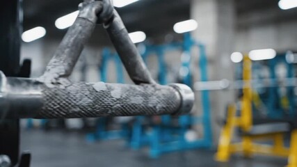 Close up of a well-used gym handle with detailed texture and equipment background