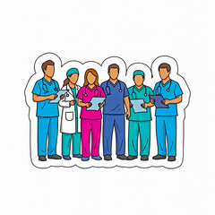 Group of six medical professionals in colorful scrubs standing together holding clipboards