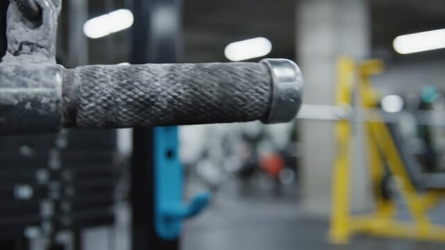Close up view of the grip bar of a lat pulldown machine in a bright, modern gym