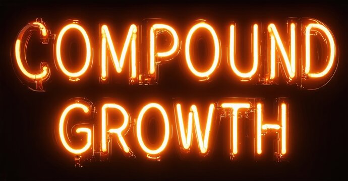 Bright neon sign displays words compound growth. Orange glow contrasts against dark background. Simple, direct message.