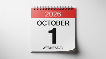 Minimalist standing desk calendar, bold black 1 october 2026 on white and red page, spiral binding background, angled shadow, modern clean aesthetic.