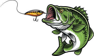 Large green fish with open mouth biting an orange and black fishing lure large fish