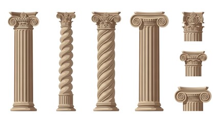 Naklejka premium Assortment of Classical Columns and Capitals in Tan with Twisted Shafts greek roman