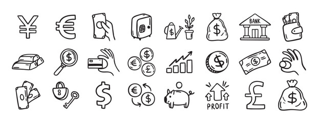 Money, finance and currency doodle set. doodle hand drawn icon set. Outline drawing dollar Banknotes, coins, money bag line clipart symbol collection © Yanka