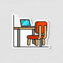 Orange chair next to wooden desk with open laptop and blue screen office setup