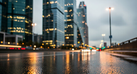 A wet street reflecting lights, with traffic signals visible in the background