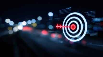 Target on virtual roadmap interface representing disciplined planning milestone success and digital transformation vision