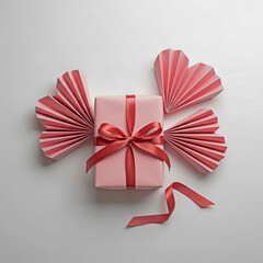 Pink gift box with red ribbon and folded paper hearts on white background origami