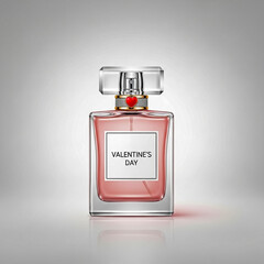Pink perfume bottle with Valentines Day label and heart-shaped cap on grey background Valentine's Day