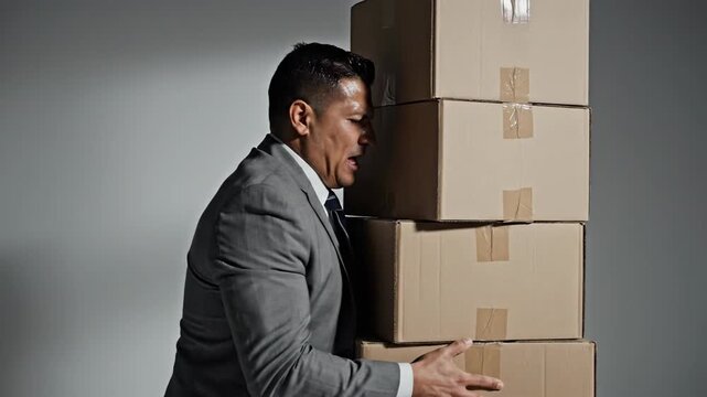 Man struggling to carry stack of cardboard boxes against gray background