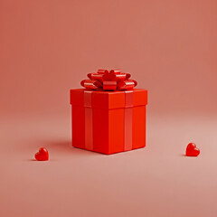 Red gift box with heart-shaped ribbon and small heart decorations on a gradient background