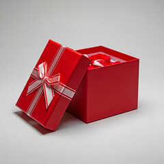 Red gift box with silver ribbon and open lid revealing red tissue paper inside