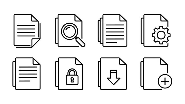 A set of eight simple, outline-style illustrations of documents with various symbols, each representing a different function or status