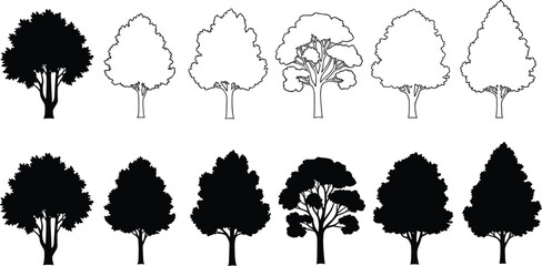 Ten black and white tree with different leaf shapes and branch structures trees outline