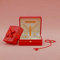 Red Valentine's Day Jewelry Gift Box with Gold and Diamond Accessories