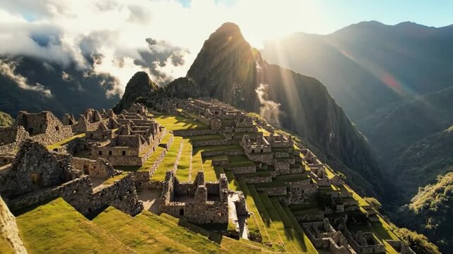 Epic scenic view of Machu Picchu ruins with sunlight bursting through the peak of the mountain at sunrise