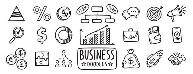 Fototapeta premium business doodle hand drawn icon set. Outline drawing business line clipart symbol collection