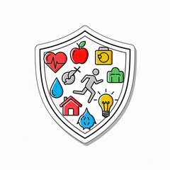 Shield with health wellness and safety symbols including heart apple water house and lightbulb
