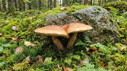Fototapeta premium Two brown mushrooms growing on a mossy forest floor next to a large rock.