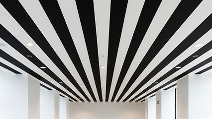 Bold contemporary interior with black and white striped ceiling and modern lighting fixtures