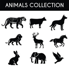 Animal Silhouette Collection &ndash; Minimalist Black Vector Icons of Tiger, Lion, Elephant, Horse, and Wildlife Wildlife