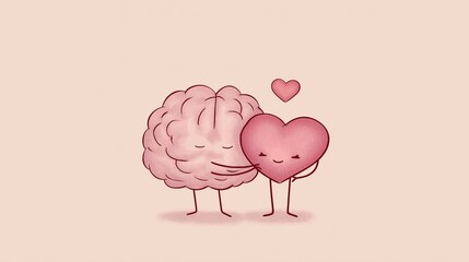 Gentle cartoon brain and heart hugging, showing mental health. Brain and heart characters are hugging, symbolizing mental and emotional balance with care