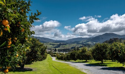 An orange grove stretches toward distant rolling hills under a bright, cloudy, blue sky