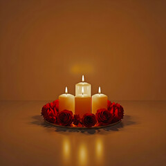 Three White Candles Lit on a Silver Tray Surrounded by Red Roses Against an Orange Background