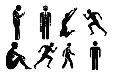 Human Silhouette Icon Set &ndash; Minimalist Black Vector Figures of People Running, Jumping, Walking, and Sitting for Infographics