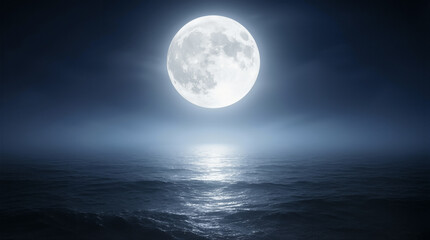 A full moon lights up the night sky above a vast ocean. The moon's reflection dances on the water, creating a bright path across the dark surface as waves gently roll