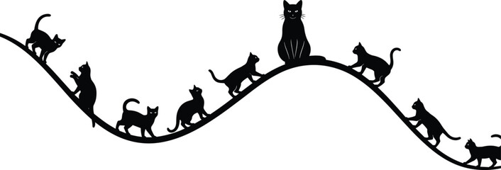 Playful black cat silhouettes walking and climbing on curved line, minimalist animal illustration, cute feline movement concept © Itz Mehedi