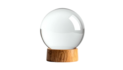 A crystal sphere, transparent, atop a wooden base, on a black background, lit with highlights
