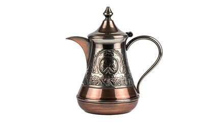Ornate copper and silver coffee pot with intricate engravings and long spout