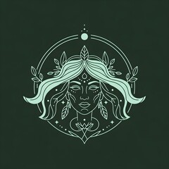 Mystical Nature Goddess Line Art with Botanical Elements on Dark Green Background