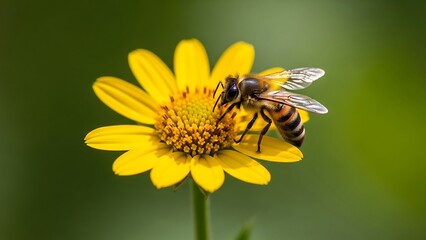 Busy bee on yellow flower closeup.