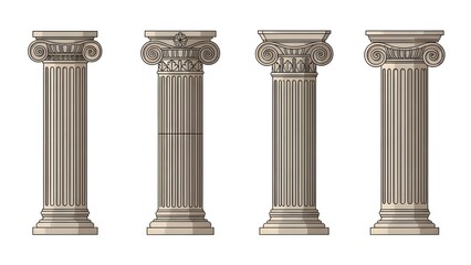 Obraz premium Four Classical Greek Ionic Columns With Ornate Capitals On White Background ancient