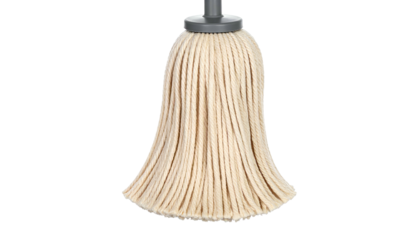 A clean, close-up shot of a cotton mop head with a gray handle, isolated on black