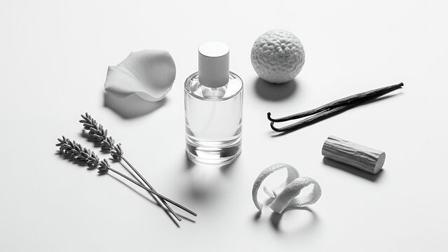 Elegant perfume bottle displayed with floral and aromatic elements in monochrome highlighting perfume notes concept