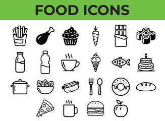 Food and Drink Icon Set &ndash; Minimalist Line Art and Silhouette Vector Graphics for Menus, Catering, and Gastronomy
