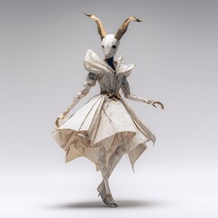 Origami goat-headed woman in elegant white dress, creative artwork, high resolution image