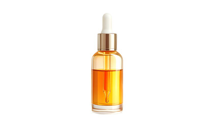 Naklejka premium A glass bottle with golden liquid and dropper, isolated on a black background