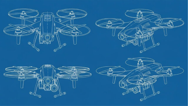Blueprint Design of Drone Quadcopter Technology in Engineering Draft, Digital Illustration, Technical Environment, Isometric View