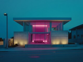 Modern house facade with pink interior lights and blue sky high resolution image