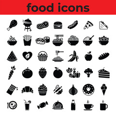 Solid Food Icon Set &ndash; Comprehensive Black Silhouette Vector Collection for Menus, Restaurants, and Healthy Eating