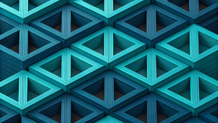 A close-up view of a modern architectural structure with a repeating pattern of turquoise triangles