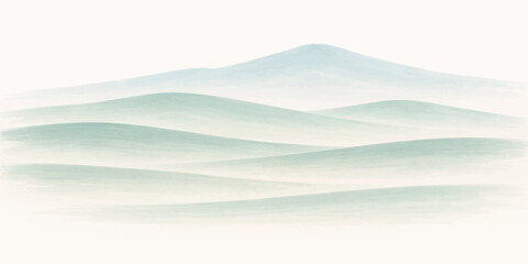 A serene winter landscape featuring snow-covered mountains against an abstract blue background at sunrise, where mist and clouds drift over the forest hills across the distant horizon © MONORA