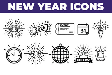 New Year 2026 Icon Set &ndash; Minimalist Party Vector Graphics for Countdown, Fireworks, and Midnight Celebrations