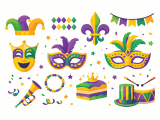 Mardi Gras Celebration Icons with Masks, Hats, and Festive Decorations © Airin